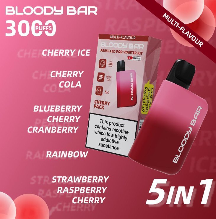 5 in 1 Bloody Bar 3000 Puffs Prefilled Pod | cheery ice | cherry cola | buleberry cherry caraberry | rainbow | straberry raspberry cherry
